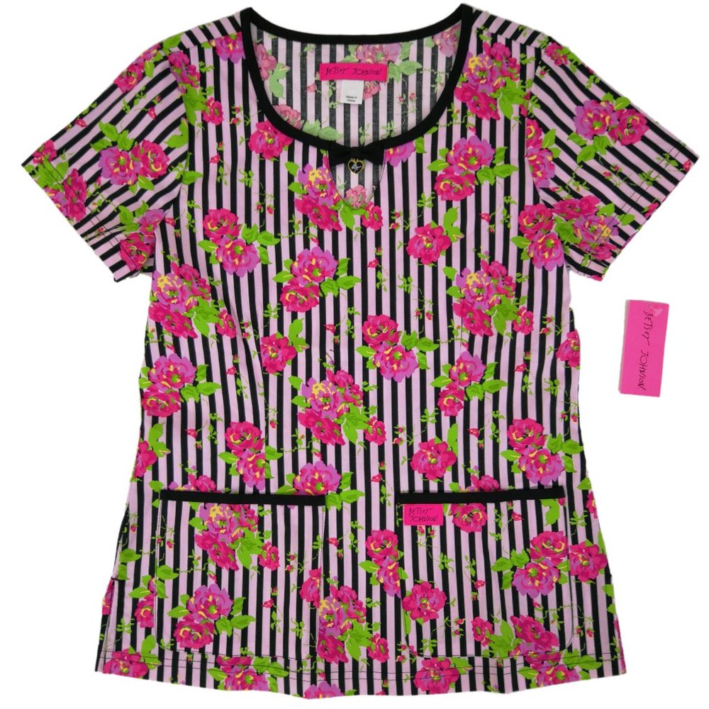 Koi Scrub Top B100PR-FAS Flowers and Stripes Rose